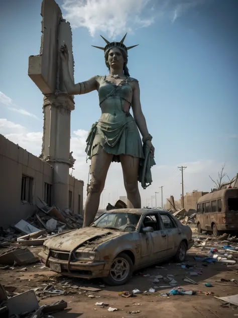 (Highest quality:1.3), cinematic shot, masterpiece, (sharp focus:1.5), (photorealistic:1.3), medium portrait of ruins of Liberty Statue, broken pieces of th estatue, dusty statue, typical color of lady-liberty, torn USA flag, Against the backdrop of a deso...