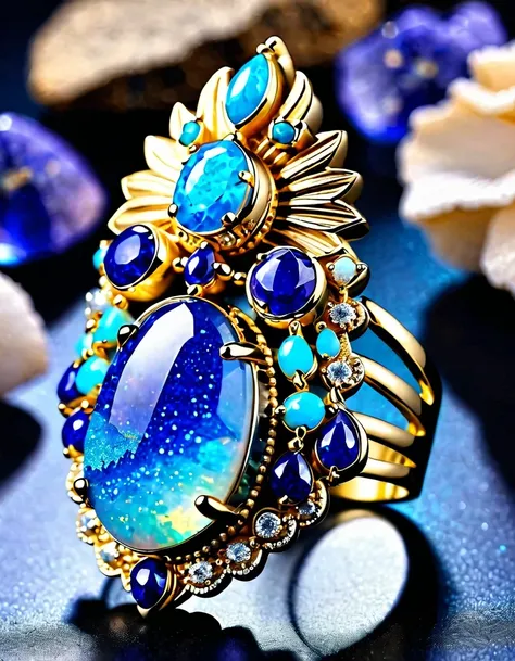 Indian abstract cartoon rain god image ring design，The main stone is an irregular blue gradient opal，Indian elements，The matching stones are small amounts of lapis lazuli and turquoise，Clams，bead，gem