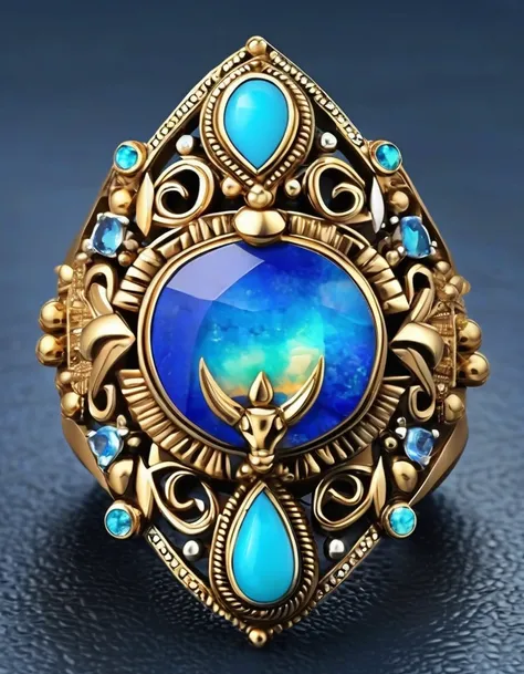 Indian traditional cartoon rain god abstract ring design，The main stone is an irregular blue gradient opal，Indian elements，The matching stones are small amounts of lapis lazuli and turquoise，Clams，bead，gem