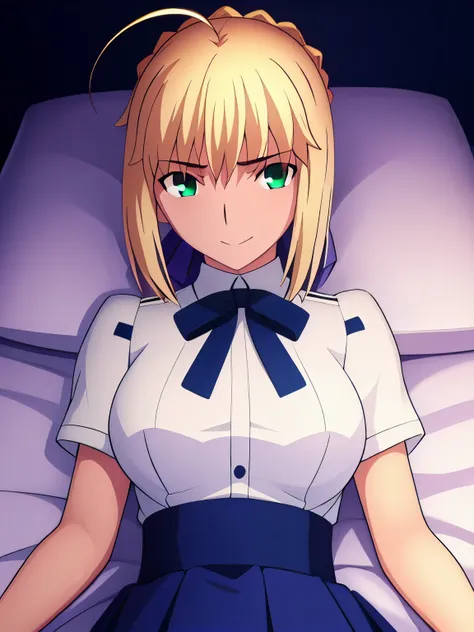 best quality, masterpiece, highres, detailed, ray_tracing_graphic, solo, adult_female, {saber_fatestaynightufotable:1.15}, blonde_hair, little_ahoge, detailed_green_eyes, blue_ribbon, 1girl, anime_coloring, upper_body, kuudere_face, little_smile, five_fing...