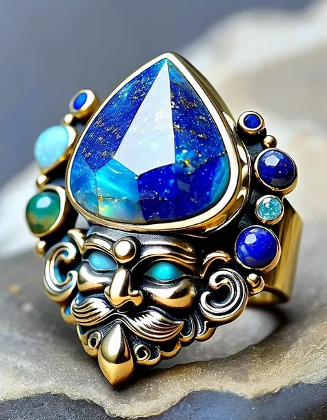 indian abstract cartoon rain god image ring design，the main stone is an irregular blue gradient opal，indian elements，the matchin...