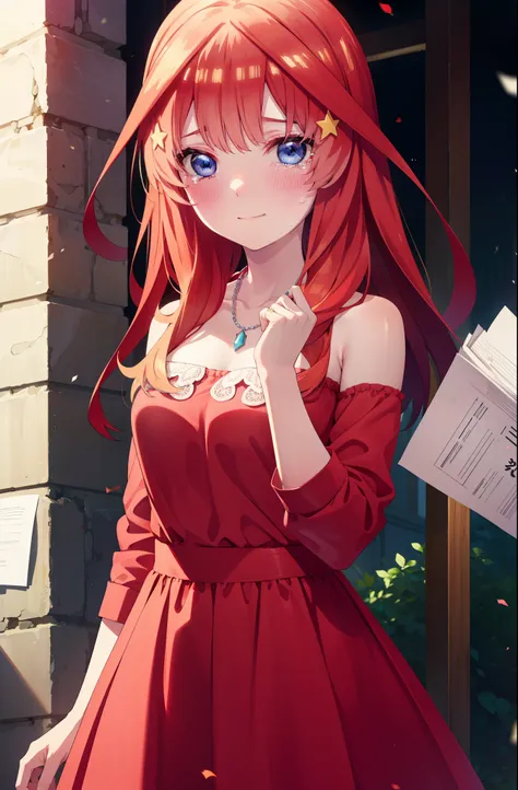 itsukinakano, Itsuki Nakano, bangs, blue eyes, Hair between the eyes, Ahoge, Redhead, star (symbol), hair ornaments, tiara,star hair ornaments,smile,blush,Red dress,Long skirt,Red Pin Heel,No sleeve,Expose your shoulders,Bare arms,Bare neck,bare clavicle,H...