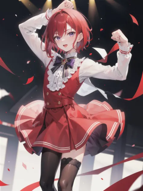 1boy, Male Characters, Boys, Idol Costumes, dark purple eyes, ((red hair)), Arms open, make a fist ,cheer, dress, short hair