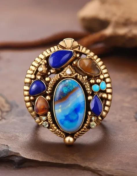 indian abstract cartoon rain god image ring design，the main stone is an irregular brown and blue petrified opal，indian elements，...