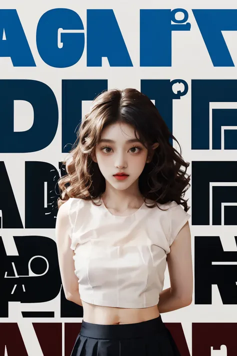 white t-shirt, black tulle_skirt, belly button visible, 1 korean beauty,  (perm hair curly:1.2), (from above), (on_stomach:1.5) ...