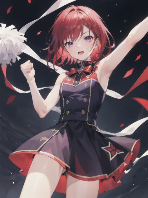 1boy, Male Characters, Boys, Idol Costumes, dark purple eyes, ((red hair)), Arms open, make a fist ,cheer, dress, short hair