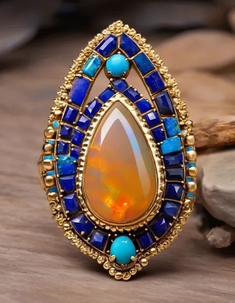 Indian traditional abstract ring design，The main stone is an irregular blue gradient opal，Indian elements，The matching stones are small amounts of lapis lazuli and turquoise，Clams，bead，gem