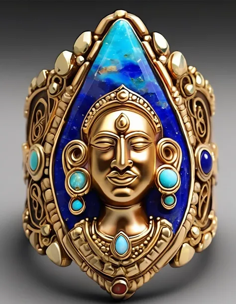 Indian abstract cartoon rain god image ring design，The main stone is an irregular brown and blue petrified opal，Indian elements，The matching stones are small amounts of lapis lazuli and turquoise，Clams，bead，gem