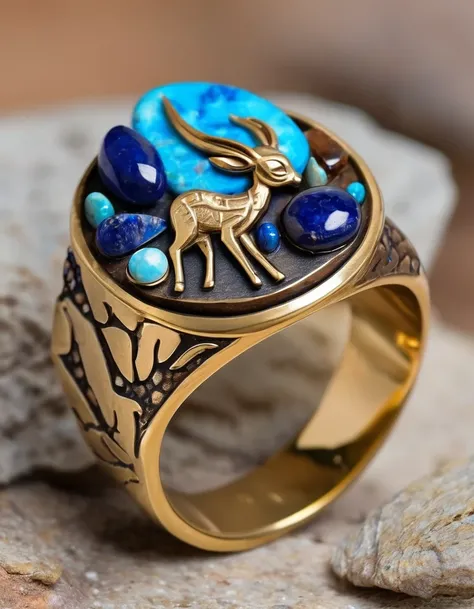 Indian Abstract Ring Design，Little man playing the flute，Indian totem：Kokopelli the Rain God，The main stone is an irregular brown and blue petrified opal，Indian elements，The matching stones are small amounts of lapis lazuli and turquoise，Clams，bead，gem