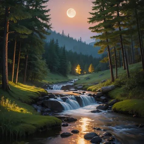 Oil painting style forest creek deer night moon stars