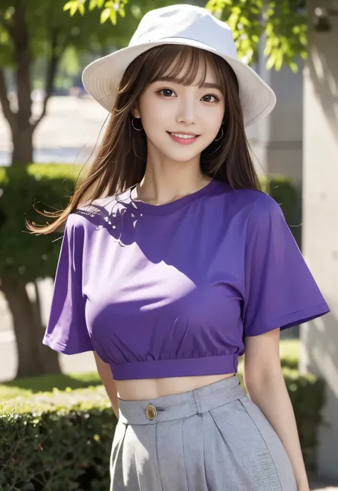 masterpiece, best quality:1.1), (8k, raw photo, photo realistic:1.2, f22), (shiny skin), detailed skin,long hair,detailed face, detailed eyes,smile,BREAK, real world, intricate details, smil, BREAK, 1girl, full body,purple,(short sleeves,blouse,pants,hat)B...