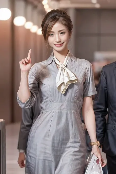 Chignon Hair、Starlux Airlines silver short sleeve uniform、Holding a bag in your hand