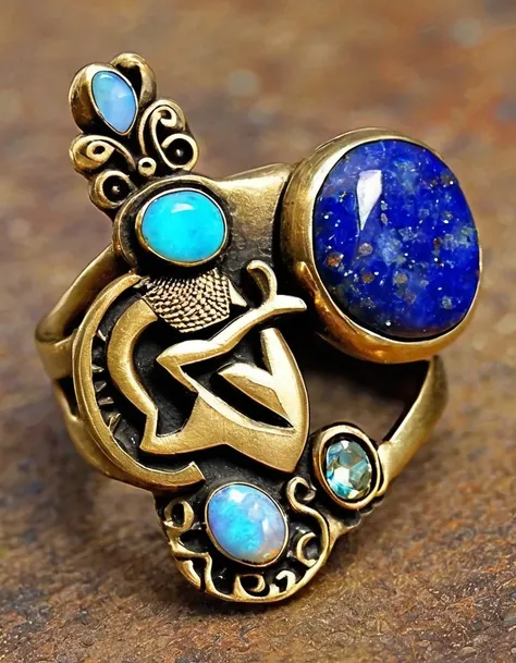 indian totem rain god kokopelli god abstract ring design，little man playing the flute，the main stone is an irregular opal，indian...