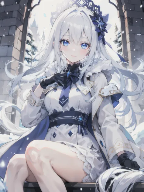 "Clam raining snow atmosphere, stunning 4k artwork featuring a confident elegant girl long flowing vibrant snowy-white tied hair. Her eyes glowing grange. She sat elegantly and she smiling with blush, she was wearing a white snow modern coat and cute glove...