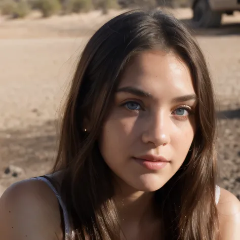 photo of a college student, in Desert Color Coarse Linen Pink,Desert Color Coarse Linen, (freckles:0.8) cute face, sci-fi, dystopian, detailed eyes, Heterochromia eyes（（Side view））（Lunar soil）