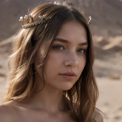 photo of a college student, in Desert Color Coarse Linen Pink,Desert Color Coarse Linen, (freckles:0.8) cute face, sci-fi, dystopian, detailed eyes, Heterochromia eyes（（Side view））（Lunar soil）((a beautiful fantasy empress))