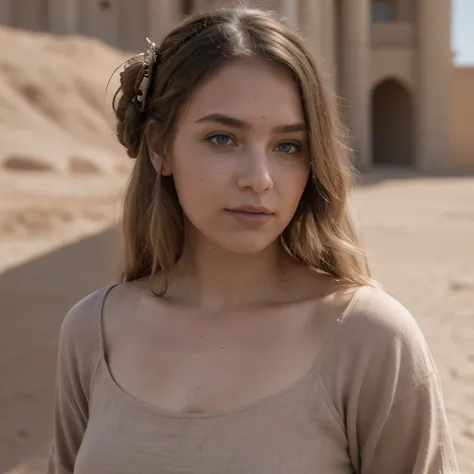 photo of a college student, in Desert Color Coarse Linen Pink,Desert Color Coarse Linen, (freckles:0.8) cute face, sci-fi, dystopian, detailed eyes, Heterochromia eyes（（Side view））（Lunar soil）((a beautiful fantasy empress))