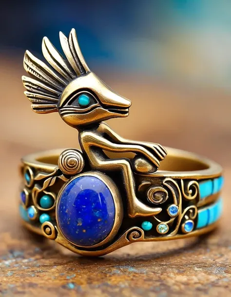 indian totem rain god kokopelli god abstract ring design，little man playing the flute，the main stone is an irregular opal，indian...