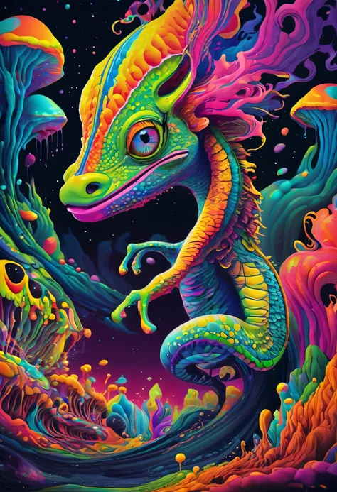 Psychedelic Abstract Art, chameleon、Startle, Melting, Vibrant colors, Pop art paintings inspired by Michael DeForge, Dan Mumford, tumbler, Psychedelic Art, Psychedelic Illustration, Psychedelic Acid Trip, Psychedelic journey, retro Psychedelic Illustration...