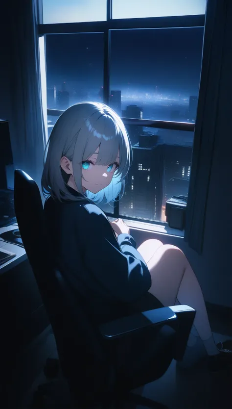 (masterpiece), highest quality, Cyan eyes, Light grey hair, Expressive eyes, Jorhaya, Sitting in a high-rise apartment room, Night Sky, Cityscape, View your viewers, City lights, window, highlight, Dramatic Light, Calm face, 32k, best quality, ultra high r...