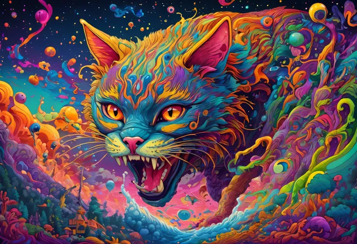 Psychedelic Abstract Art, A ferocious cat pounces on its prey、Startle, Melting, Vibrant colors, Pop art paintings inspired by Michael DeForge, Dan Mumford, tumbler, Psychedelic Art, Psychedelic Illustration, Psychedelic Acid Trip, Psychedelic journey, retr...