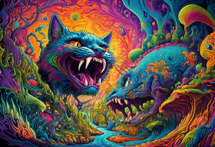 Psychedelic Abstract Art, A ferocious cat pounces on its prey、Startle, Melting, Vibrant colors, Pop art paintings inspired by Michael DeForge, Dan Mumford, tumbler, Psychedelic Art, Psychedelic Illustration, Psychedelic Acid Trip, Psychedelic journey, retr...