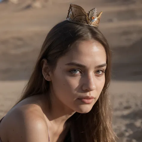 photo of a college student, in Desert Color Coarse Linen Pink,Desert Color Coarse Linen, (freckles:0.8) cute face, sci-fi, dystopian, detailed eyes, Heterochromia eyes（（Side view））（Lunar soil）((a beautiful fantasy empress))