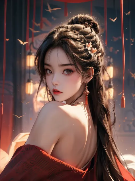 Gentle and lovely Chinese beauty, Exquisite and sexy clavicle, Charming goose egg face, Double eyelids, Bright peach blossom eyes, upper eyes, Pink lips, Small upturned nose, Bare shoulders, Plump buttocks, Beautiful long legs, focused face, Close-up of fa...