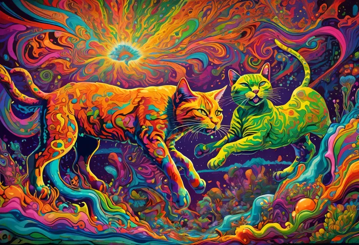 Psychedelic Abstract Art, Two ferocious cats fighting、Startle, Melting, Vibrant colors, Pop art paintings inspired by Michael DeForge, Dan Mumford, tumbler, Psychedelic Art, Psychedelic Illustration, Psychedelic Acid Trip, Psychedelic journey, retro Psyche...