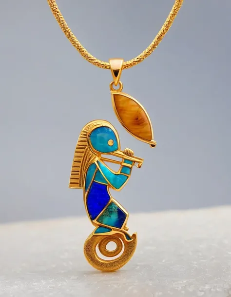 The minimalist pendant design of Kokopelli, the Indian rain god，Little man playing the flute，The main stone is an irregular opal，Indian elements，The matching stones are small amounts of lapis lazuli and turquoise，Clams，bead，gem，Retro，Old，Soft Light