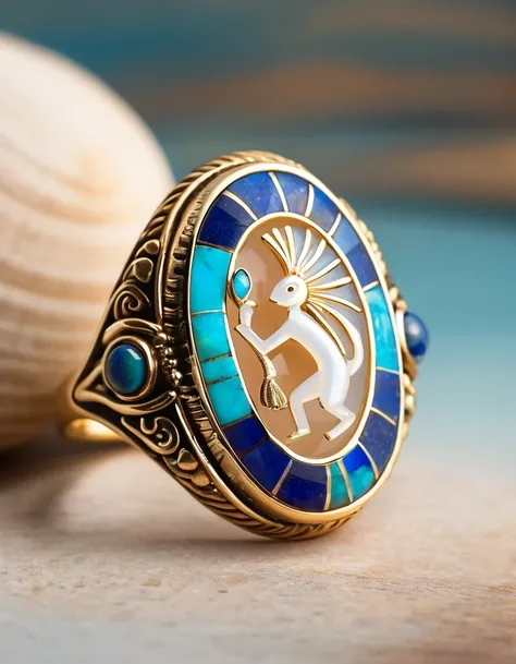 A minimalist ring design with the image of the Indian god Kokopelli, who plays the flute，The main stone is an oval opal，Indian elements，The matching stones are small amounts of lapis lazuli and turquoise，Clams，bead，gem，Retro，Old，Soft Light