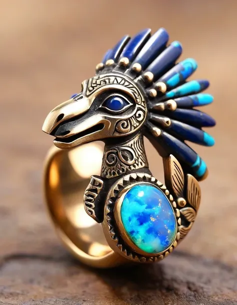 the minimalist ring design of the indian totem god kokopelli，little man playing the flute，the main stone is an irregular opal，in...