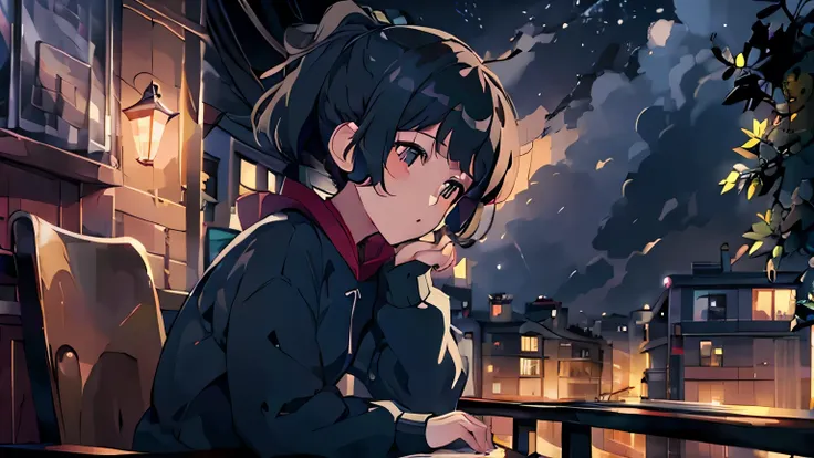 (best quality:0.8),(best quality:0.8),high-resolution,anime illustration,hooded black-haired boy,portrait,relaxed,dusk,veranda,emotional,daily life