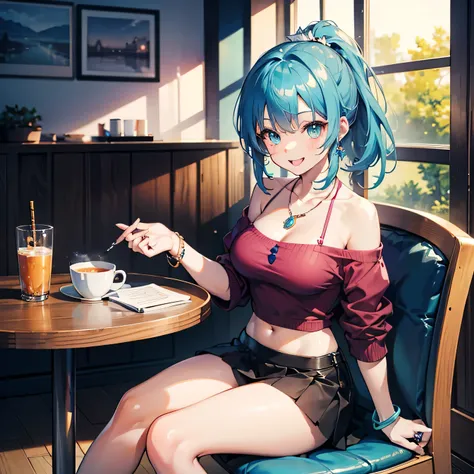 Anime Moe Art Style,highest quality,High resolution,Anatomically correct,One Girl,Mid-teens,A girl with light blue hair in a ponytail,Super detailed,Fantasy-style world,Off-the-shoulder tops,mini skirt,Big Breasts,Bright smile,Laughing with your mouth open...