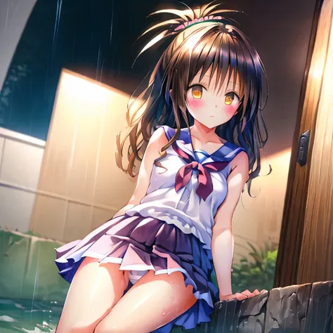 realistically, brown eyes, ponytail, glowing eyes, white short skirt, extra short skirt, Blush, daytime, Wet from the rain, see through, sleeveless shirt, nipples, pussy, crotch, embarrass, Sit with your knees raised, windy, yuki mikan, the skirt is turned...