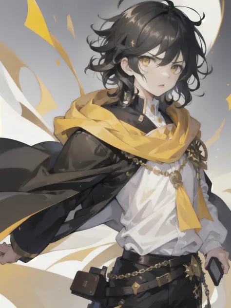 masterpiece, a boy, sparrow, ((black hair)), wearing a noble military uniform, curly medium hair, messy hair, wearing golden capelet with white hoody, shirt ornament, angry expression, ((yellow eyes))