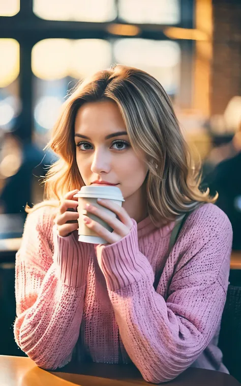 Beautiful blonde in pink sweater (Drinking coffee in a modern cafe at sunset), Very detailed, 21 years old, Innocent face, Natural wavy hair, blue eyes, high resolution, masterpiece, best quality, Intricate details, Very detailed, Clear focus, Delicate ski...