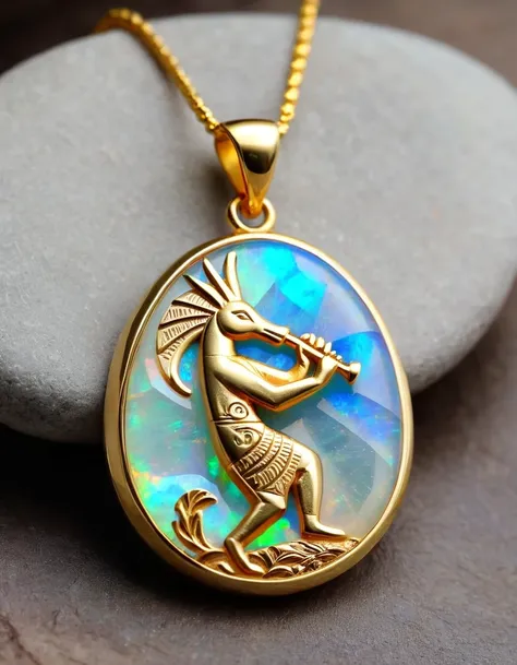 A minimalist pendant design of Kokopelli, the Indian totem god of rain playing the flute，，The main stone is an irregular opal，Indian elements，The matching stones are a small amount of money stone and turquoise，Clams，Money，gem，Retro，Old，Soft Light