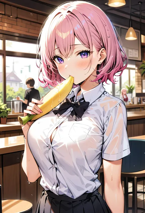 masterpiece, best quality, highres,very aesthetic,1girl,wet pink and white sexy lips,eating banana,blush,bowtie,blonde hair,brea...