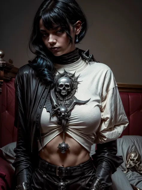 (photo:1.2), beautiful gothic women, sexy goth girl, designer sweatshirt coat with logos, pants, short black hair with blue tips...