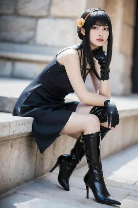Your counterfeiter,Your thorns,Black Hair,gloves,dress,black dress,Knee socks,Red eyes,hair ornaments,flower,gold hair band,fingerless gloves,arms,two-sided dress,hair flower,black gloves,boots,hair band,thigh boots,black Knee socks,Rose,Double-sided fabri...
