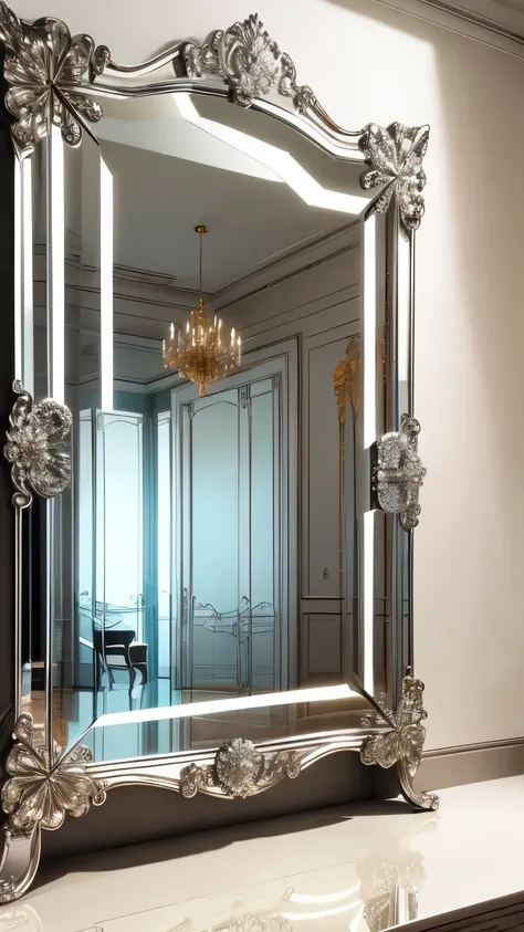 best quality, super fine, 16k, incredibly absurdres, extremely detailed, delicate and bold, a work of art, a carved mirror frame made of luxurious silver chrome plating, cracks radiating from the center of the mirror, high heels, Tiffany blue plaster room