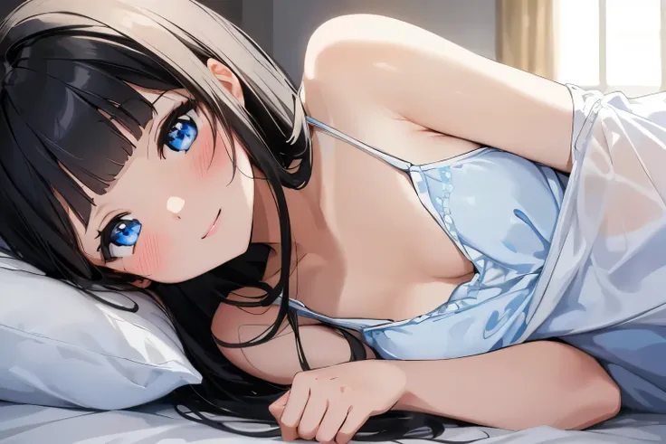 Masterpiece、highest quality、Woman 1、Super detailed　Black Hair、Blunt Bangs　Blue Eyes、Sparkling Eyes　Smiling、blush　White camisole、Small breasts　Face is close、Facial Close-up、Bring your head closer　Lying on the sheets、Lying on your side、Bed In　Holding a sheet