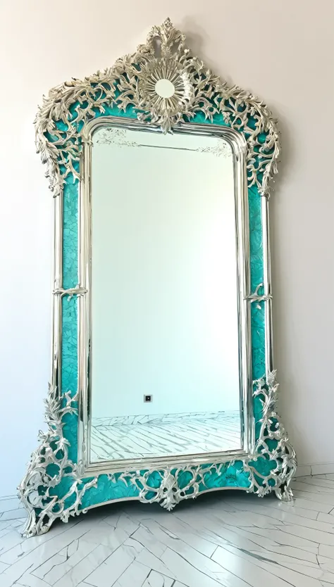 best quality, super fine, 16k, incredibly absurdres, extremely detailed, delicate and bold, a work of art, a carved mirror frame made of luxurious silver chrome plating, cracks radiating from the center of the mirror, high heels, Tiffany blue plaster room