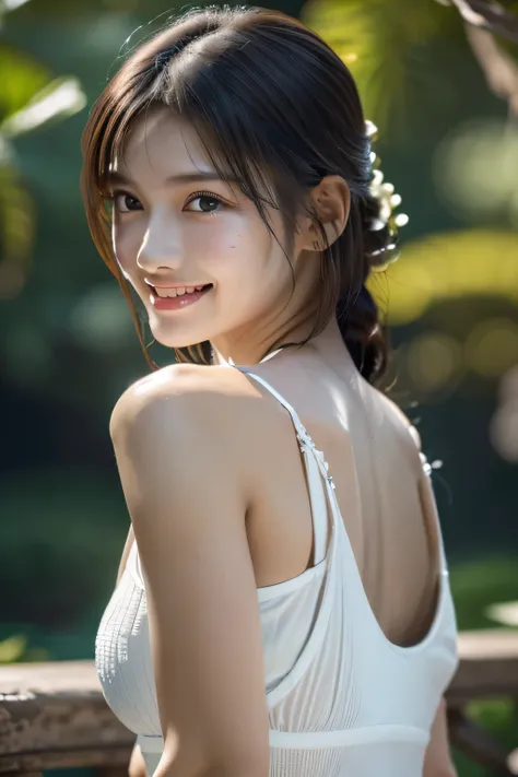 An innocent 20-year-old girl、((White tank top, Dramatic Pose)),smile,shortcut,natural Park、RAW Photos, (8k、highest quality、masterpiece:1.2)、(Intricate details:1.4)、(Photorealistic:1.4)、Octane Rendering、Complex 3D rendering with ultra-detail, Studio Soft Li...