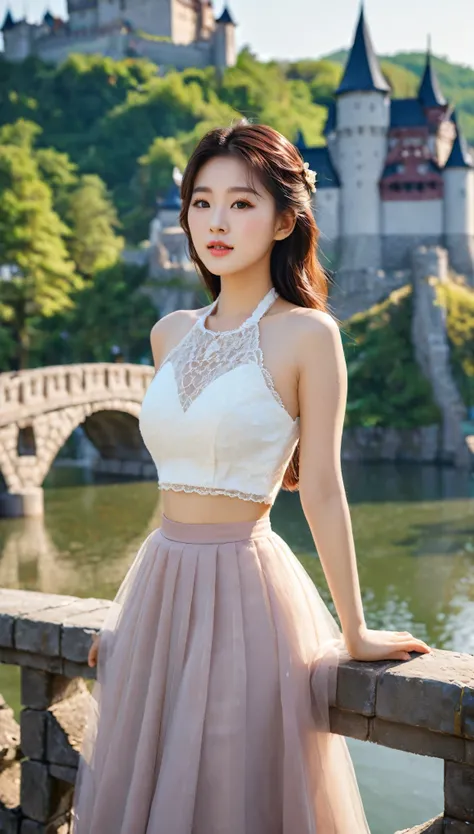 close-up of beautiful korean female, 34 inch breasts size, wearing crop halter neck, skirt, standing on the bridge, castle is backdrop, bokeh background, UHD