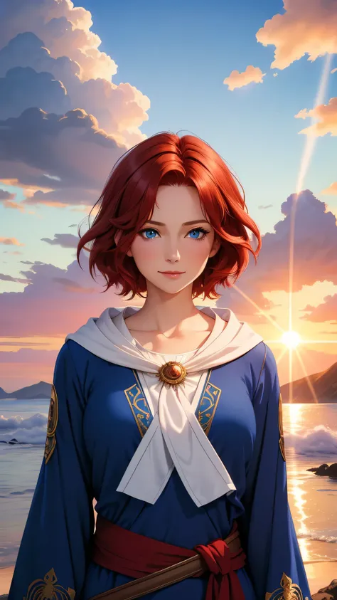 Best quality, 30 year old woman, short red hair, blue eyes, slight smile, upper body, blue mage robes, intricate details,  fluffy clouds, sunrise, god rays,