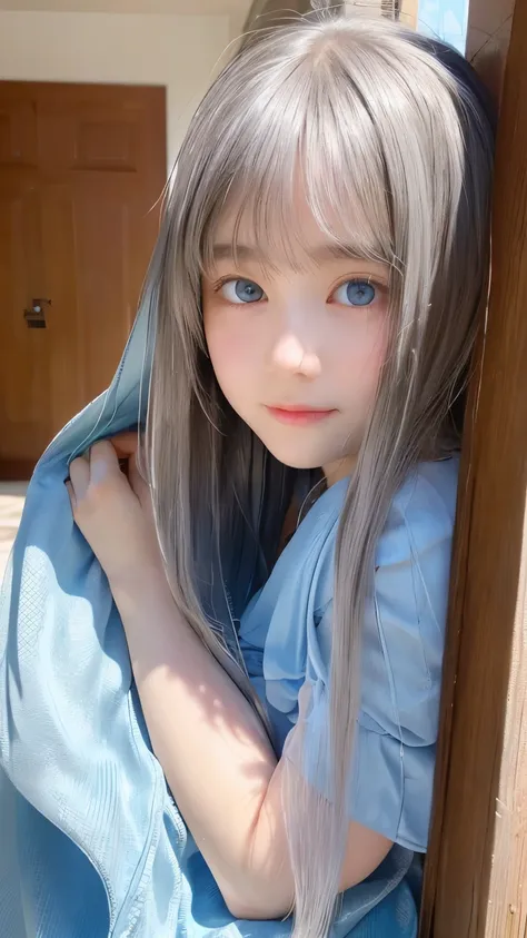 The Shining, clear, White skin、Her windswept silver hair hides her beautiful face.、Huge、14 years old、Cute sexy little beautiful face、Beautiful straight hair that stands out、growing up, light blue eyes shimmering、Long, silky bangs that cover cute eyes, Sexy...