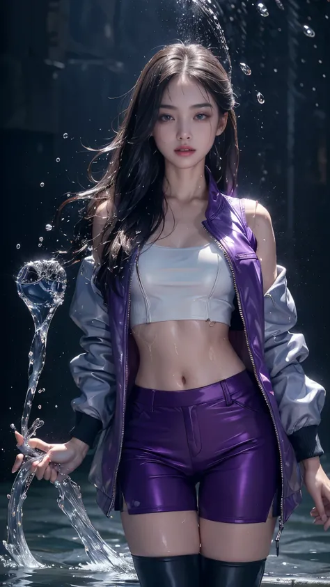 8k, masterpiece, 1 girl, beautiful face, very long hair, light makeup, (wet skin:1.3), detailed eyes, detailed lips, small bust, simple jacket, wet purple V vest, purple mini skirt, ((under pants)), ((bare thigh)), straps clothing, (water falling:1.4), ste...