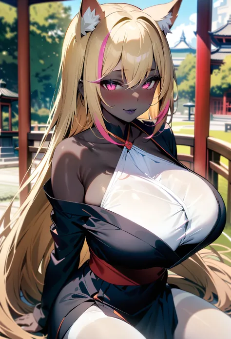 masterpiece, best quality, extremely detailed, 1girl, (milf, motherly:1.3), solo, (dark skin, black skin:2), (huge breasts:1.25), ((((blonde hair, streaked hair), very long hair, pink eyes, cat ears))), blue lips, (((black kimono, bare shoulder, white pant...